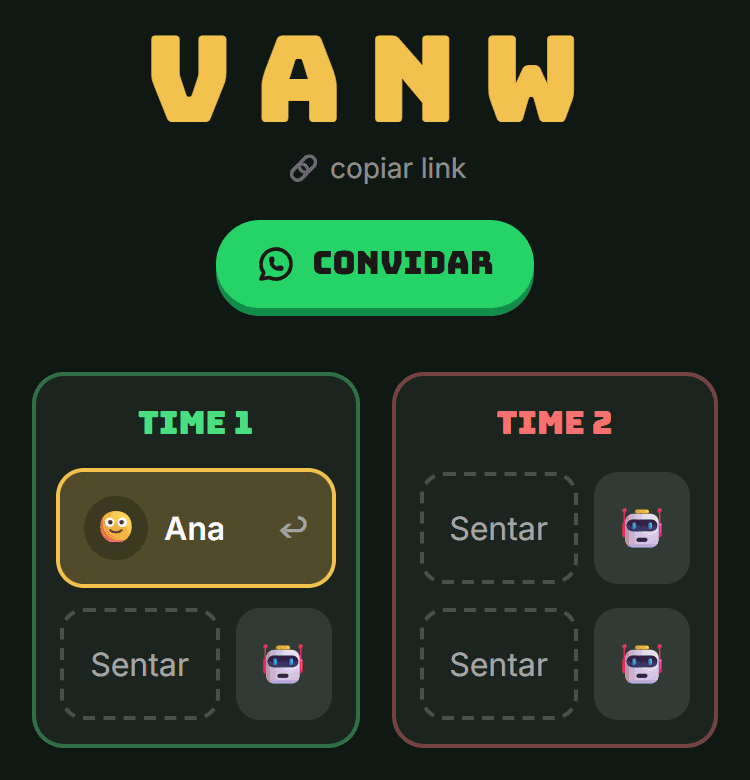 Sala criada no celular com o código de 4 letras, o botão verde Convidar e os lugares dos dois times