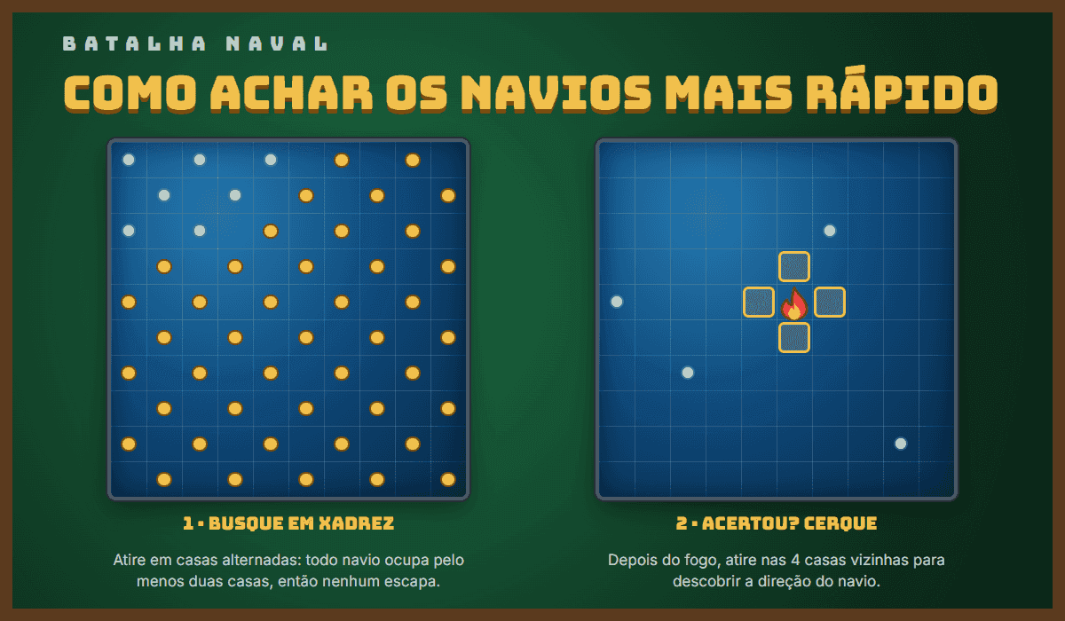 Diagrama de Batalha Naval com casas alternadas para a busca e casas vizinhas marcadas depois de um acerto