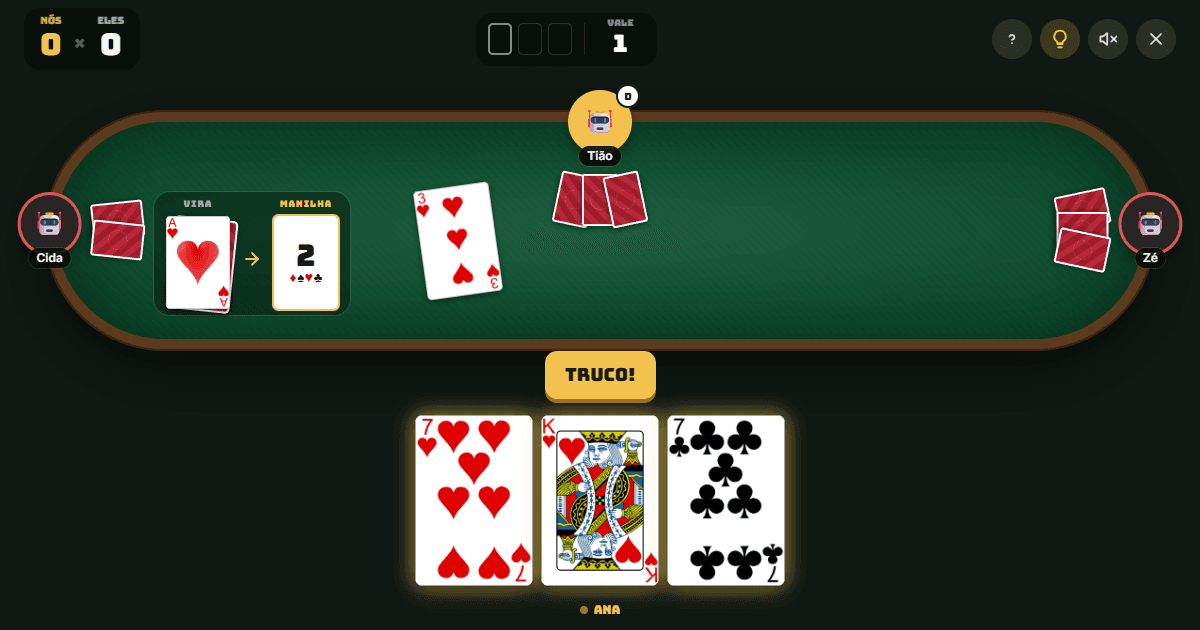 Mão de truco paulista no Mesa de Jogos: vira ás de copas, manilha 2 e três cartas na mão com o botão de truco
