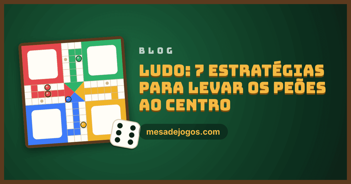 Tabuleiro de Ludo com peões vermelhos, azuis, verdes e amarelos e um dado sobre feltro verde