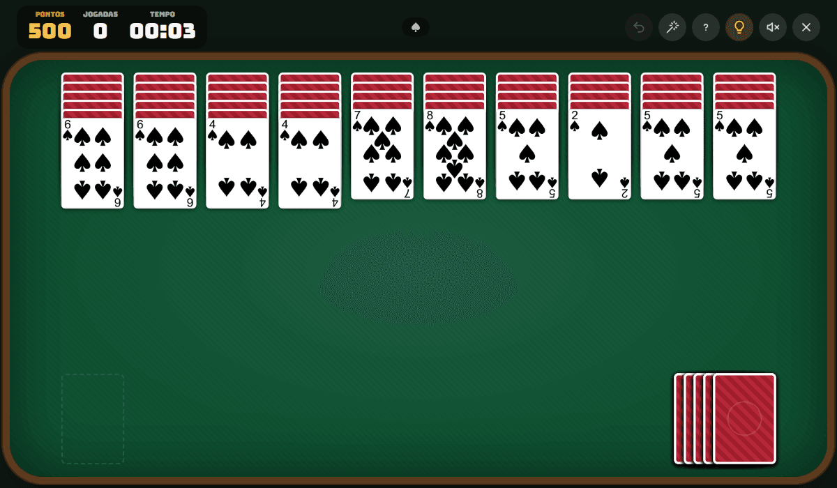Mesa da Paciência Spider de 1 naipe no começo do jogo, com dez colunas de cartas e o monte no canto